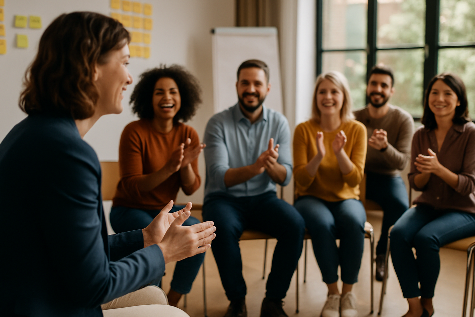 Workshop-Szene: Leiterin moderiert auf Augenhöhe, Teilnehmende im Halbkreis lachen und klatschen.